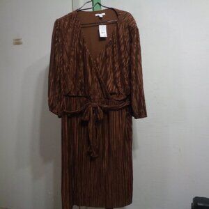 Cato Plus Pleated Shift Dress Dress Long Sleeve V Neck Brown 22/24 Plus